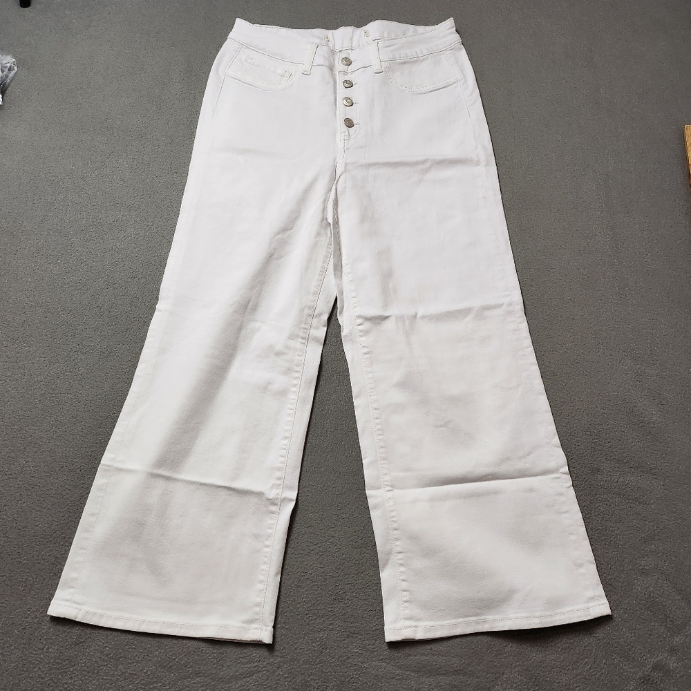 NWOT Denver Hayes white exposed Button fly high rise wide leg crop jeans Sz 12